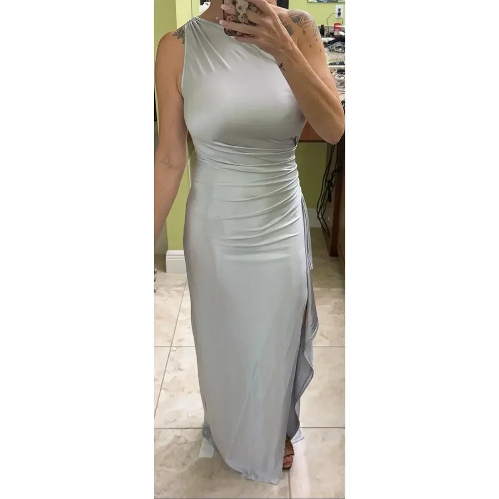 OYS One Shoulder Satin High Split Wedding Maxi Formal silver dress NWT Medium - Picture 2 of 5